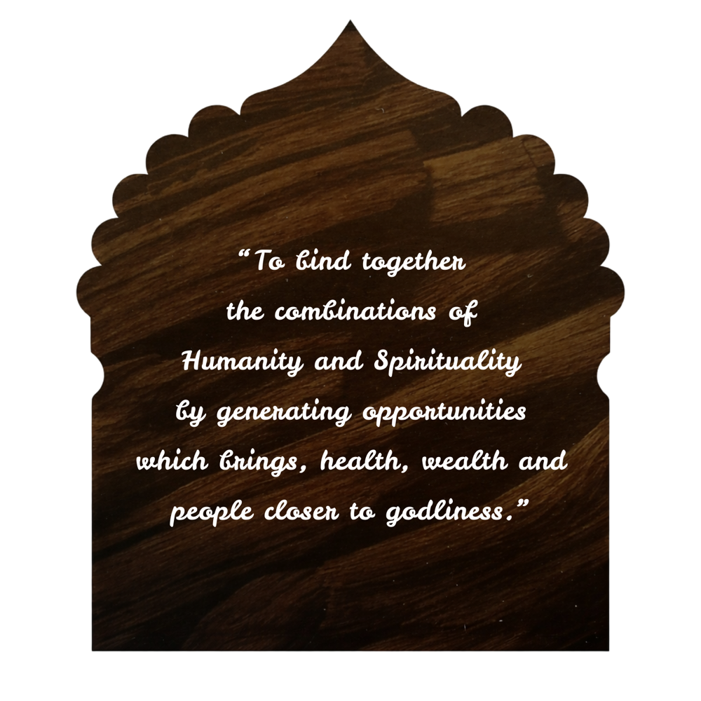 Annai Essentials mission, engraved in a temple arch: to bind together humanity and spirituality, bringing health, wealth and people closer to godliness